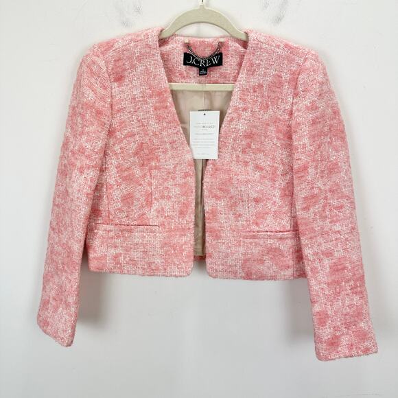 J.Crew Collarless Jacket Italian Tweed Pink Open Cropped Preppy Classic US 0 NWT - Picture 4 of 11
